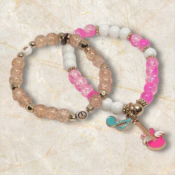 Rock Star Bracelet Set | 80s-Inspired Pink Glass Bead Stretchy Accessory - Picture 1 of 6